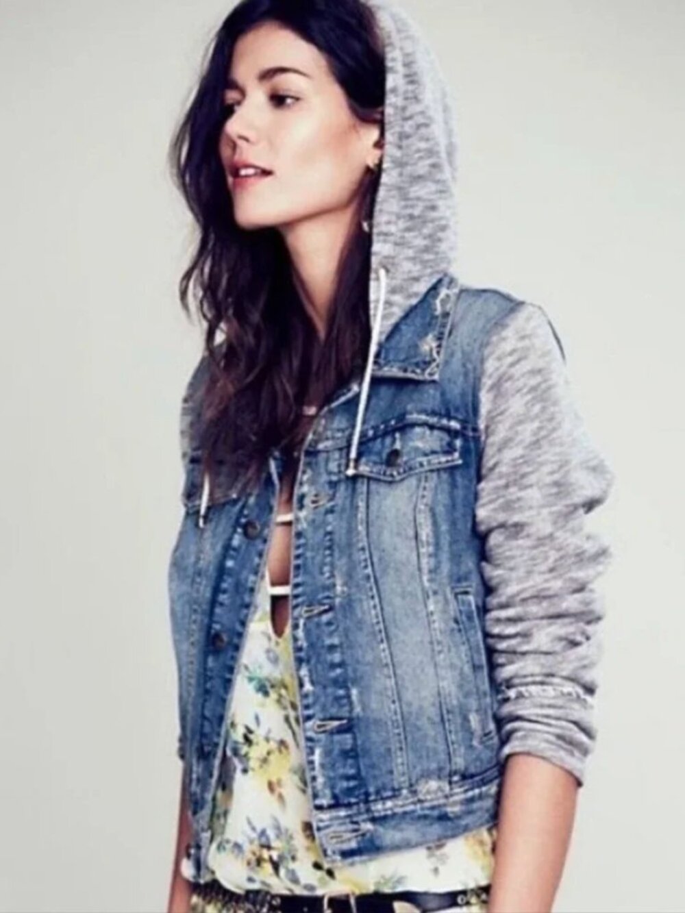 Free People Blue Denim Jacket with Cream Hood Trim